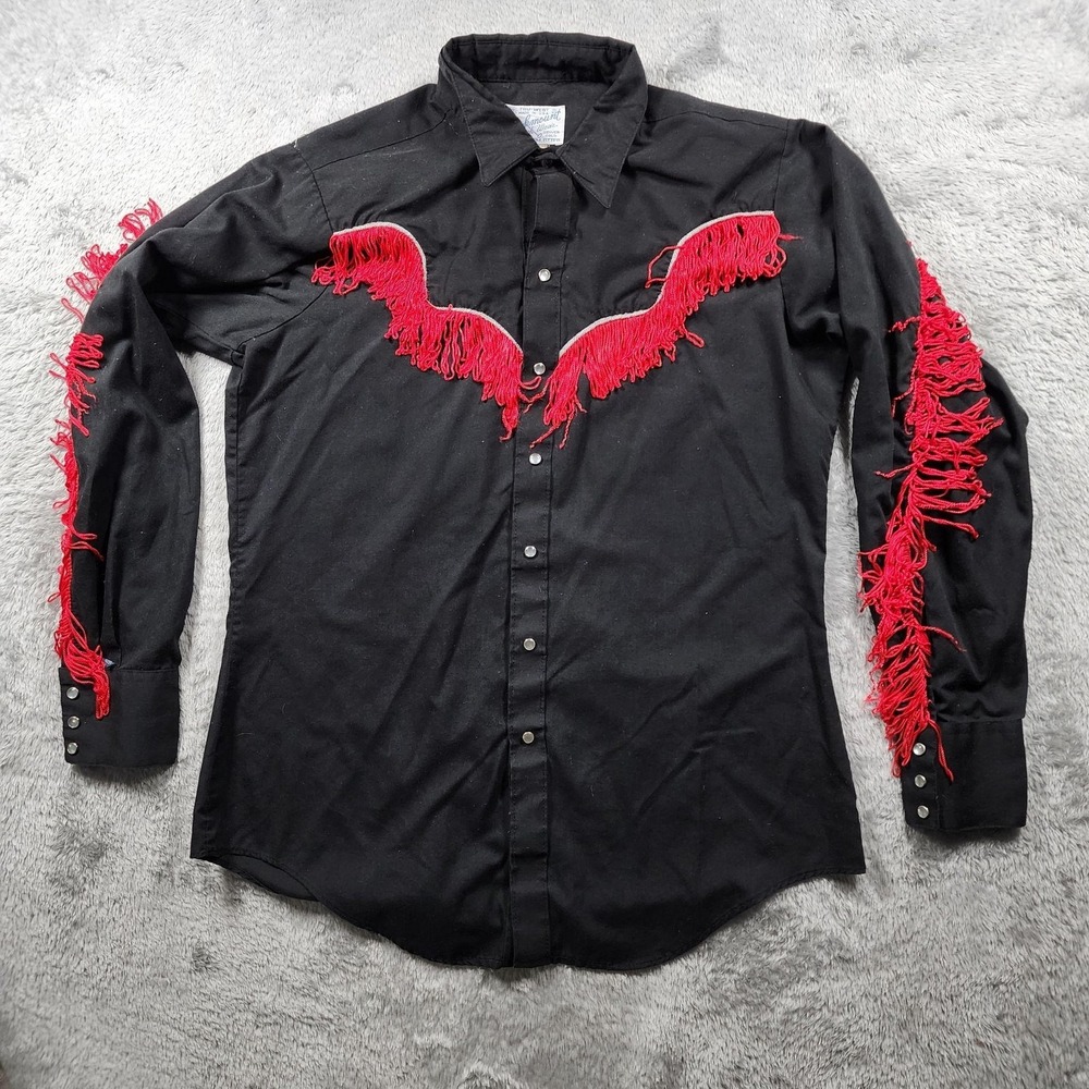 VINTAGE Rockmount Ranch Wear Shirt Mens Medium Black Fringe Western Rodeo Snap